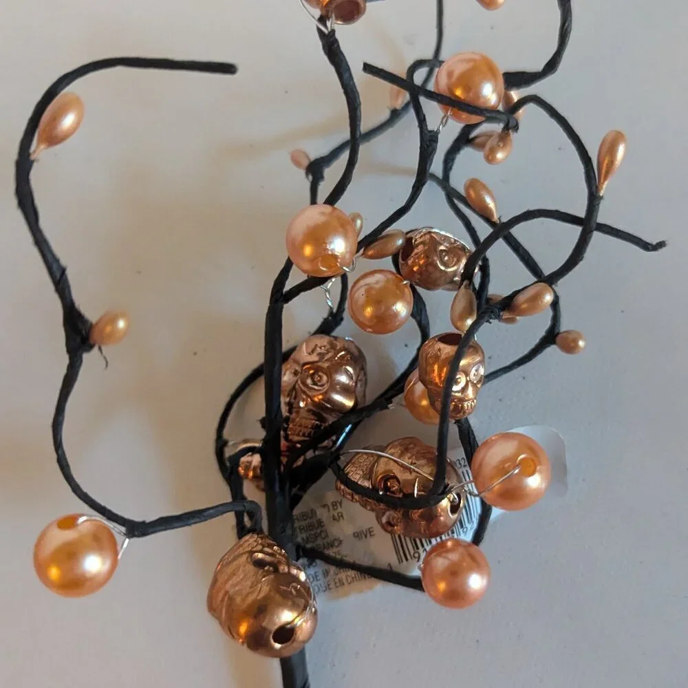 NWT 3 Goth Skulls Pearls Orange Halloween Decoration Floral Picks Ashland Decor